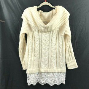 Knox Rose Women's Cable Knit Sweater Large Cream Lace Hem Cowl Neck Long Sleeve